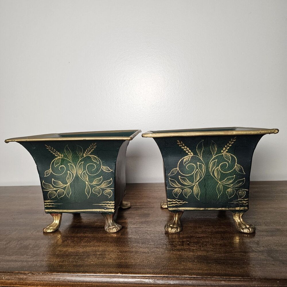 Vintage Pair Of Handpainted Indian Toleware Cachepot Planters Green & Gold